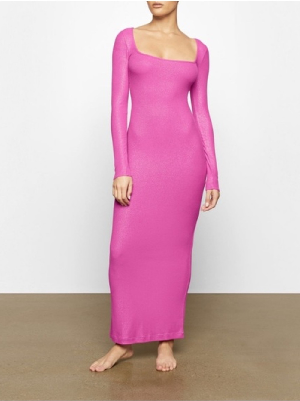 SKIMS Soft Lounge Shimmer Long Sleeve Square Neck Maxi ~ 62” Dress Fuchsia - L